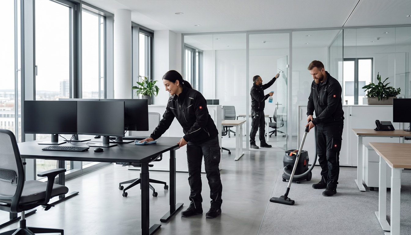 Fünf Mitarbeiter reinigen den Boden in einer großen Industriehalle mit Reinigungsmaschinen und Mops.