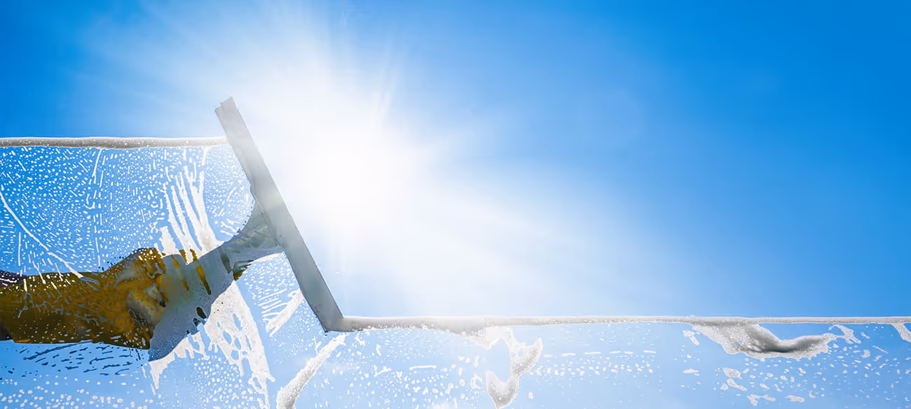 Hand mit Handschuh reinigt sonnige Fensterscheibe mit Abzieher und Seifenwasser.