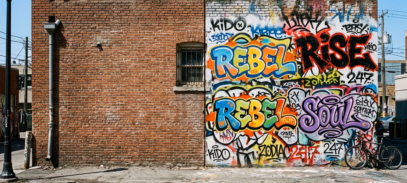Person entfernt blaue Graffiti von einer grauen Betonwand mit einer Schleifmaschine.