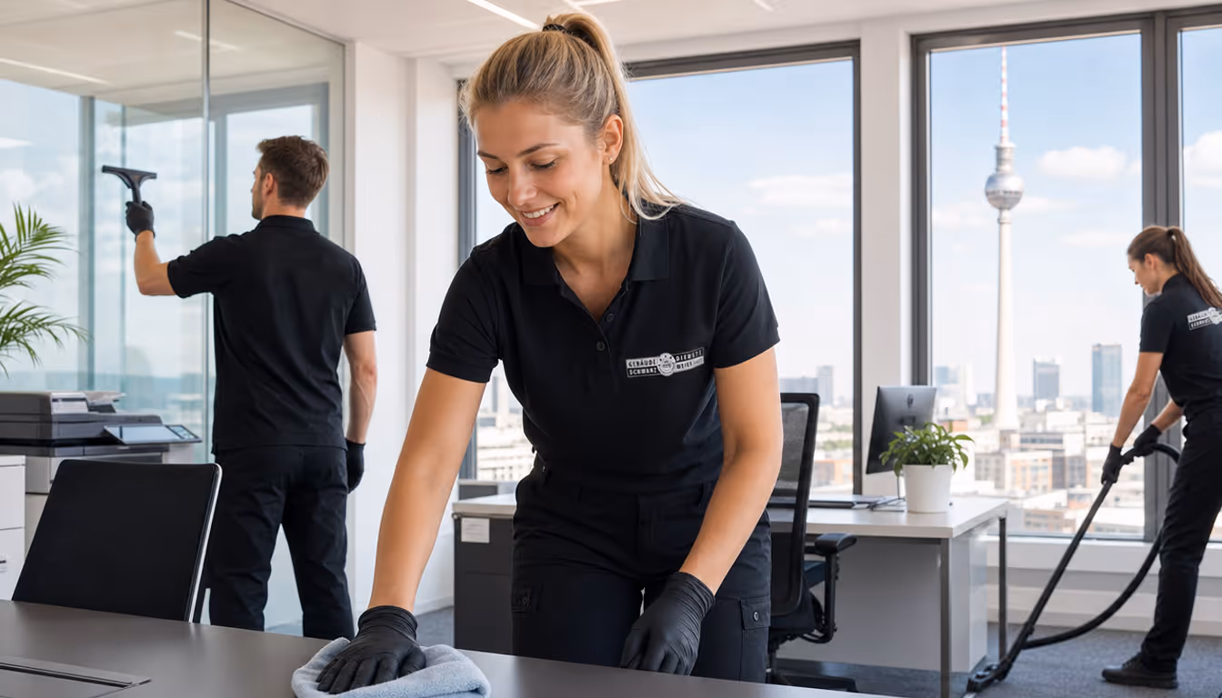 Drei Reinigungskräfte reinigen ein modernes Büro mit Fenstern und Blick auf eine Stadtskyline.