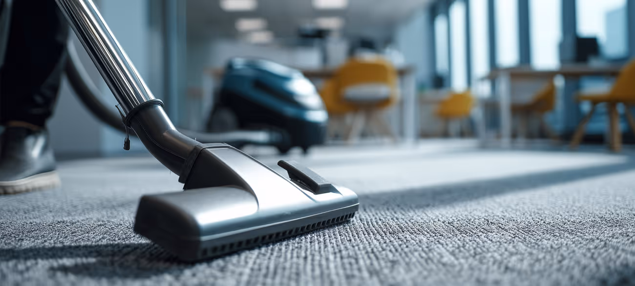 Staubsaugerkopf saugt Teppichboden in einem hellen Büro mit gelben Stühlen.