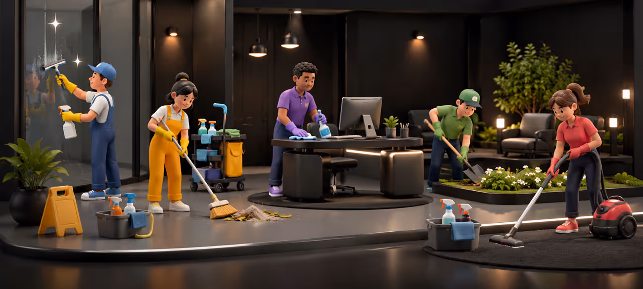Fünf Personen führen verschiedene Reinigungsarbeiten in einem modernen Büro- und Gartenbereich aus.