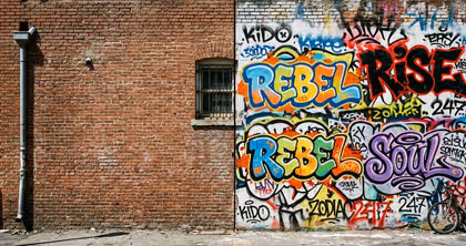 Straßenmauer mit bunter Graffiti-Kunst und Wörtern wie Rebel, Rise und Soul.