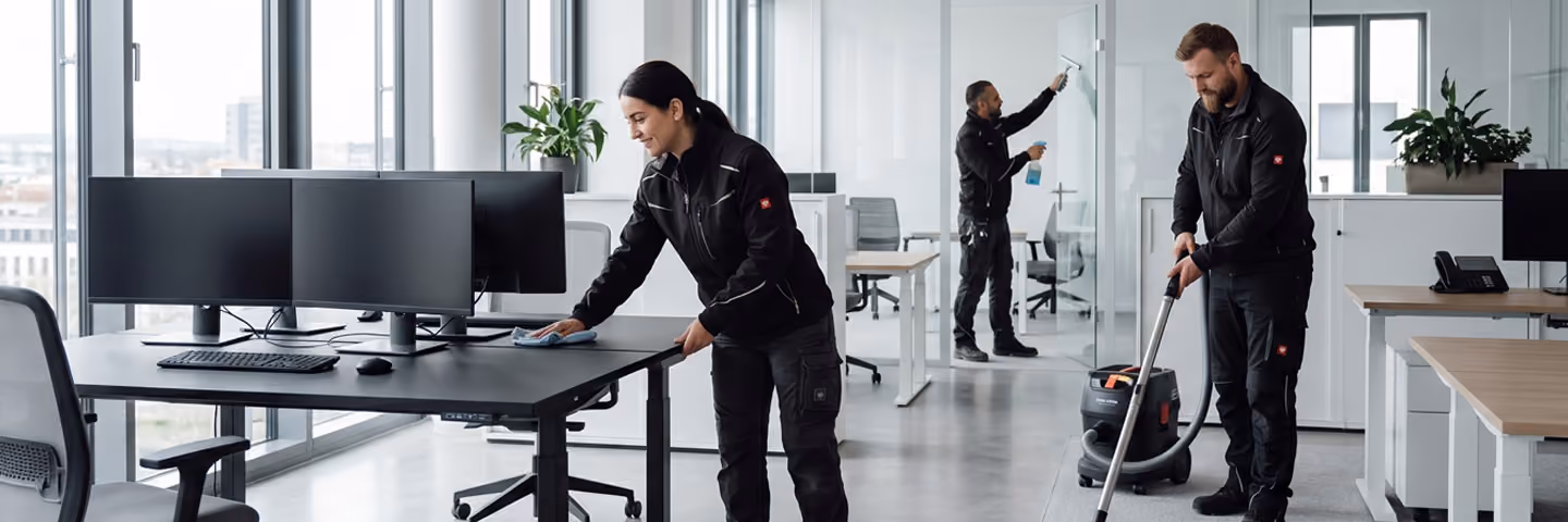 Drei Reinigungskräfte putzen einen modernen, hellen Büroraum mit Monitoren und Schreibtischen.