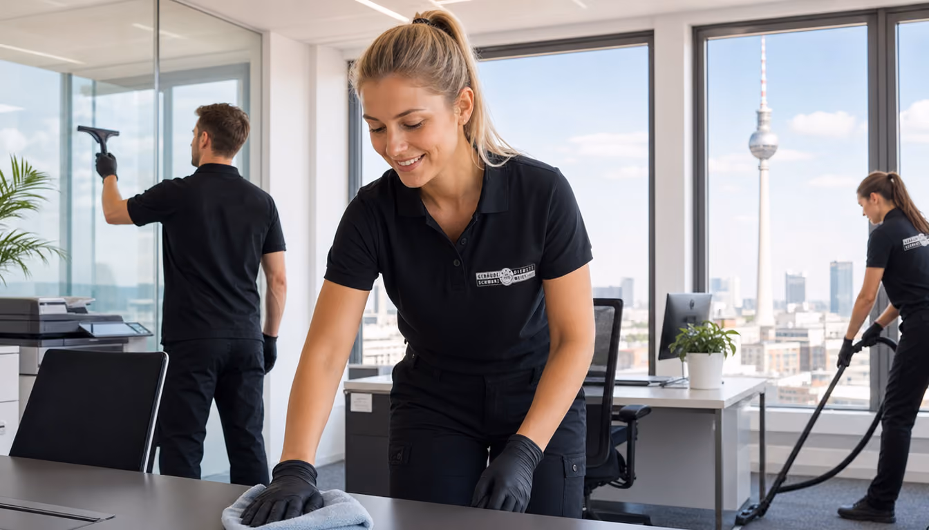 Drei Reinigungskräfte reinigen ein modernes Büro mit Fenstern und Blick auf eine Stadtskyline.