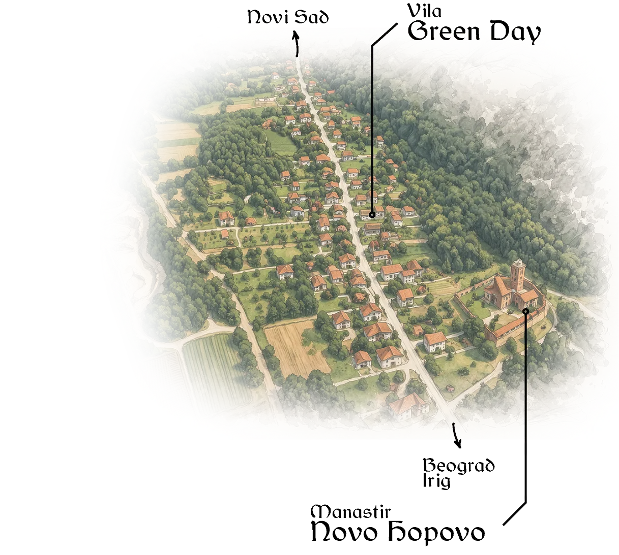 Mapa lokacije Villa Green Day na Fruškoj gori, između Novog Sada i manastira Novo Hopovo