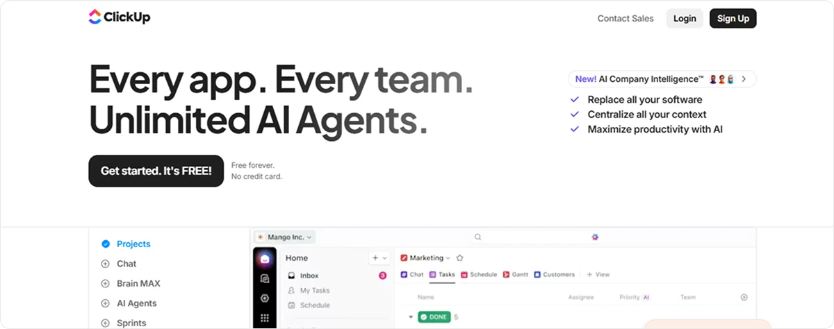 ClickUp homepage as a Notion alternative — Knowlix offers all-in-one platform with AI Teammate