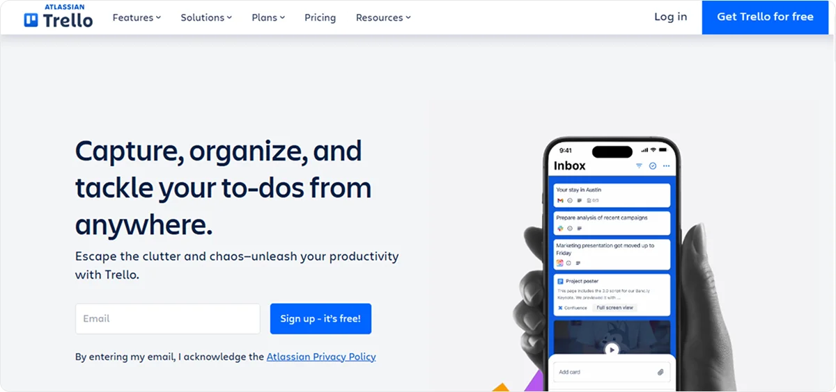 Trello homepage as a ClickUp alternative — Knowlix offers all-in-one platform with AI Teammate