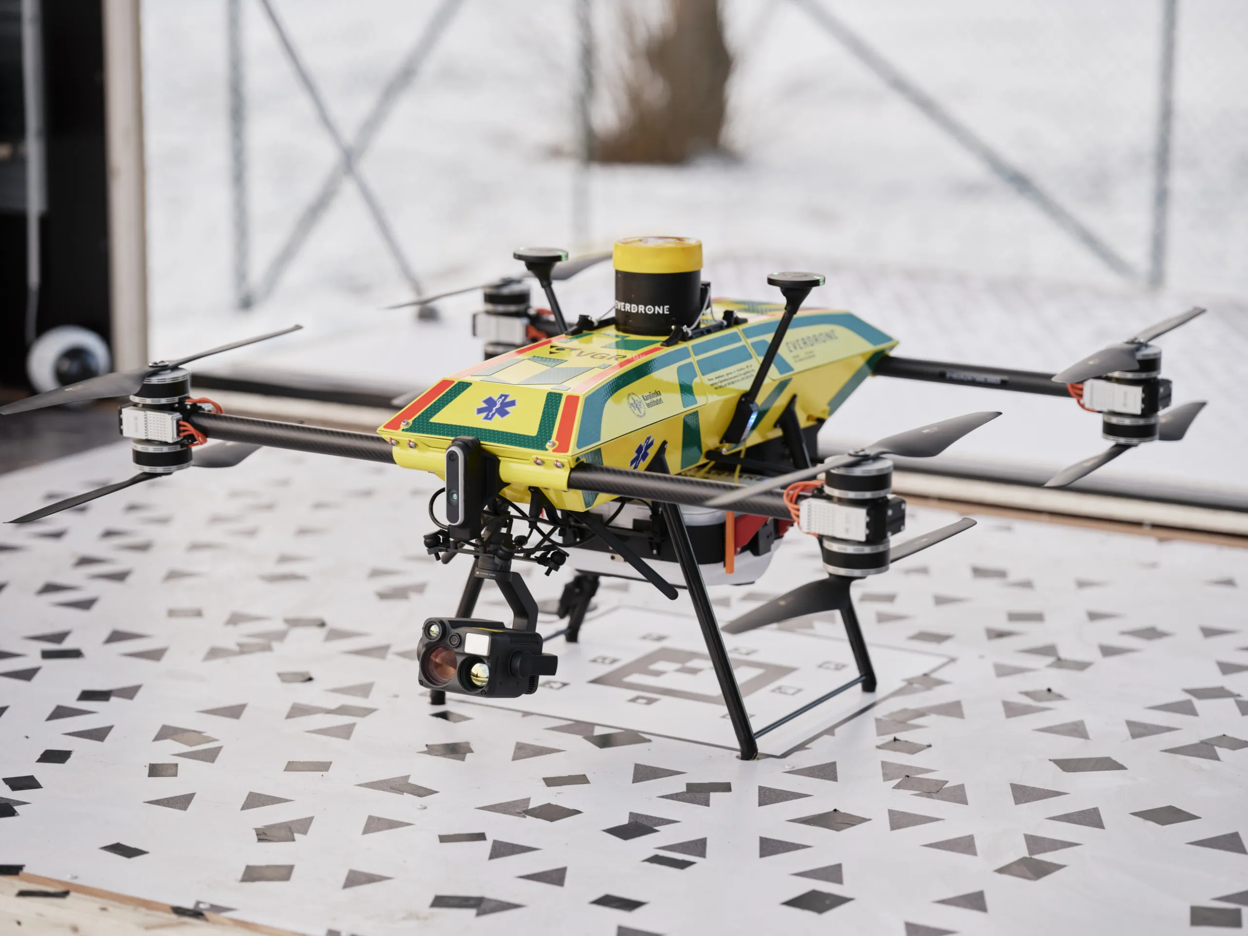 The Everdrone E3 aircraft in yellow and green emergency services livery
