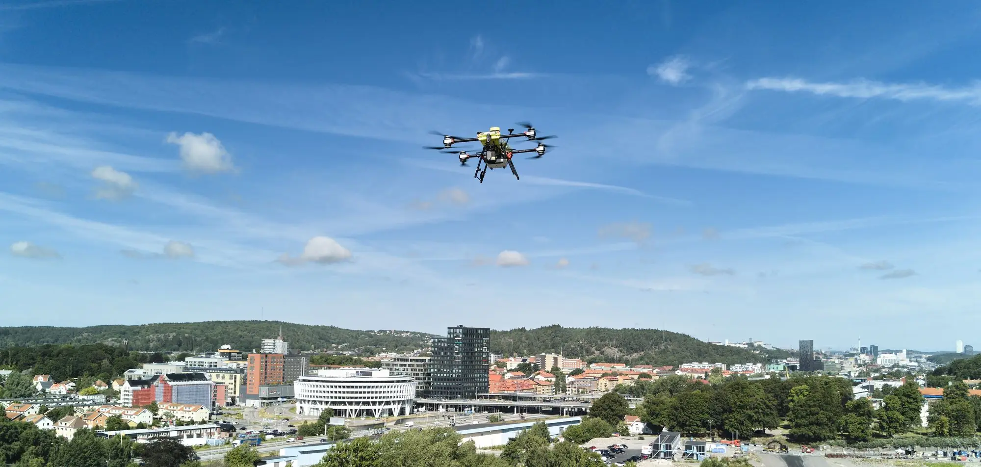 The Everdrone E3 aircraft in flight above central Mölndal, Gothenburg
