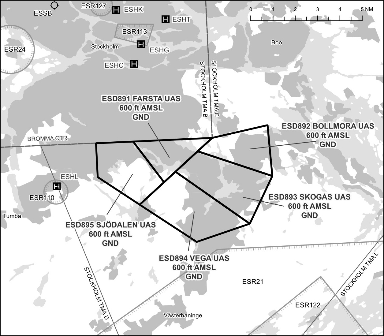 Map of the ESD891 to ESD895 temporary danger areas in Farsta, Bollmora, Skogås, Vega and Sjödalen