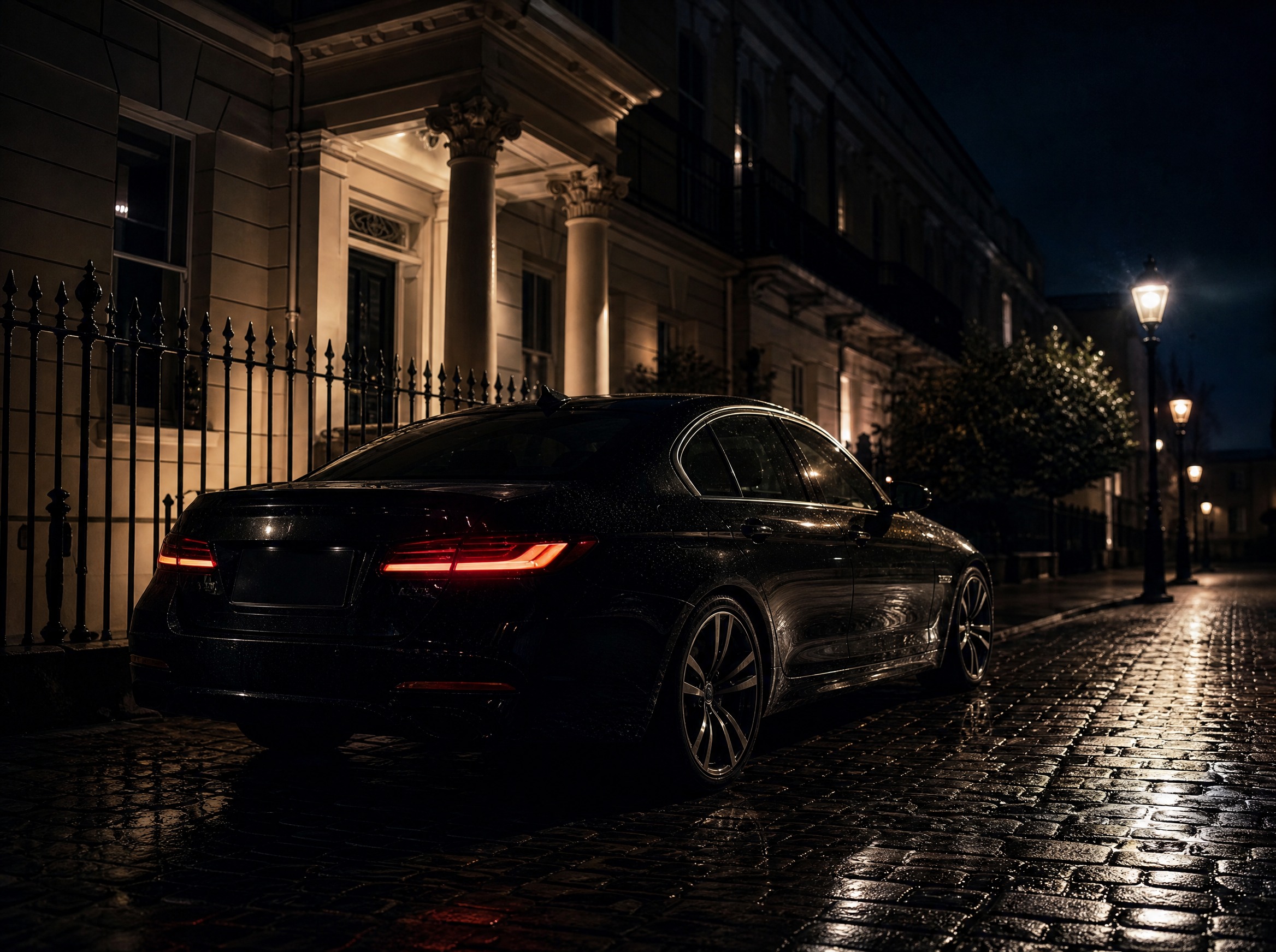 A discreet saloon at night outside a private residence, security chauffeuring in London