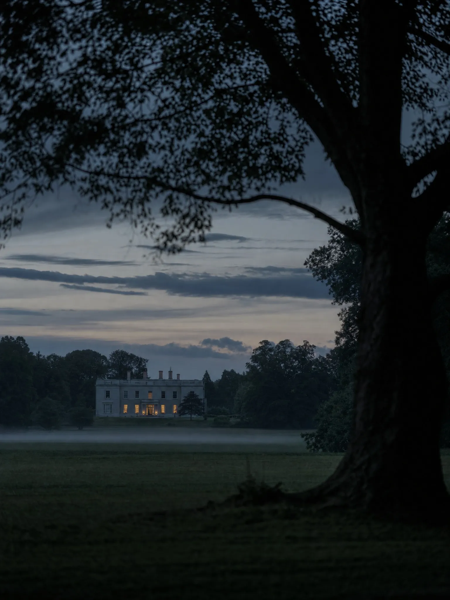 A country house across open parkland at dusk, framed by a mature tree