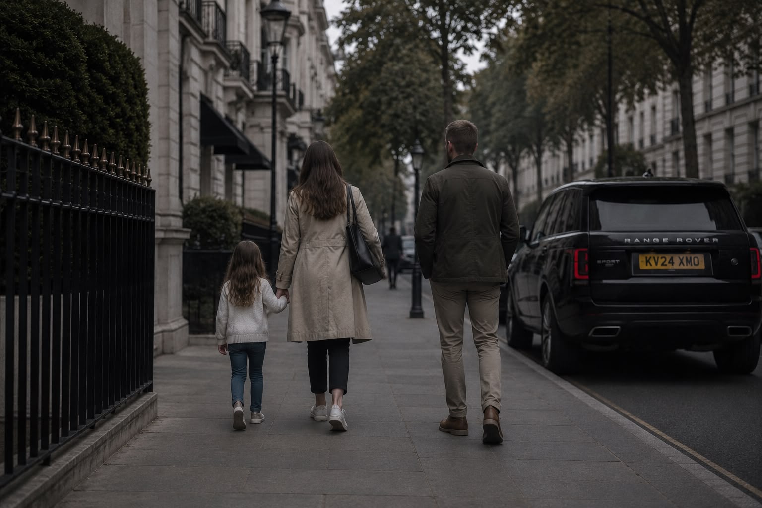 A family walking along a London street past a parked car