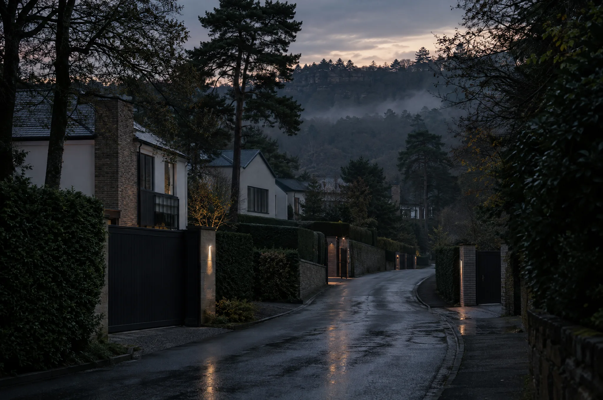 A gated lane of new houses below the wooded Edge at dusk in Alderley Edge