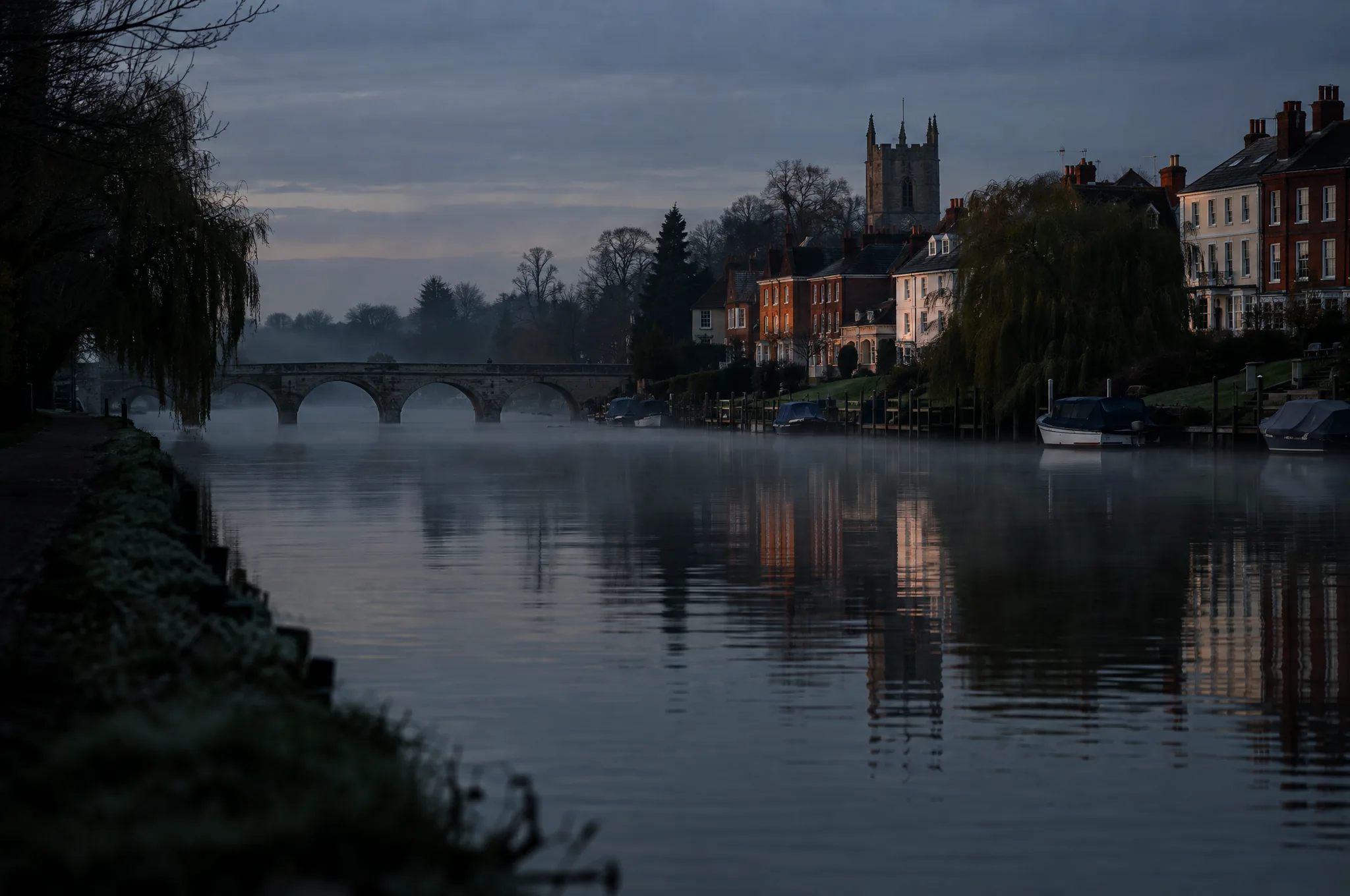 Georgian riverside houses beside a stone bridge over the Thames at dusk