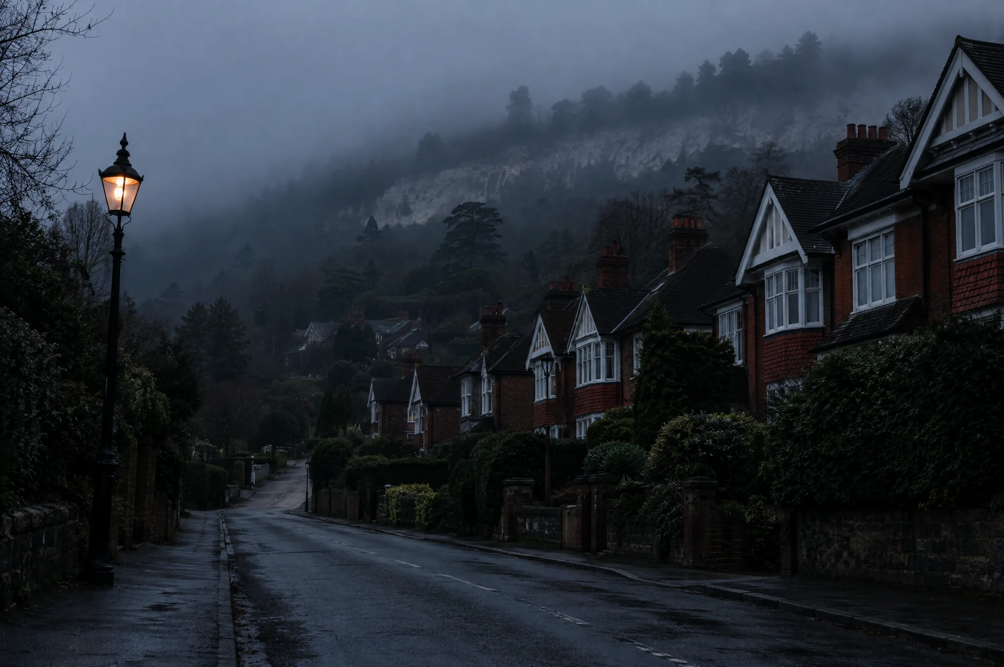 The wooded North Downs escarpment above Reigate rooftops in early morning mist