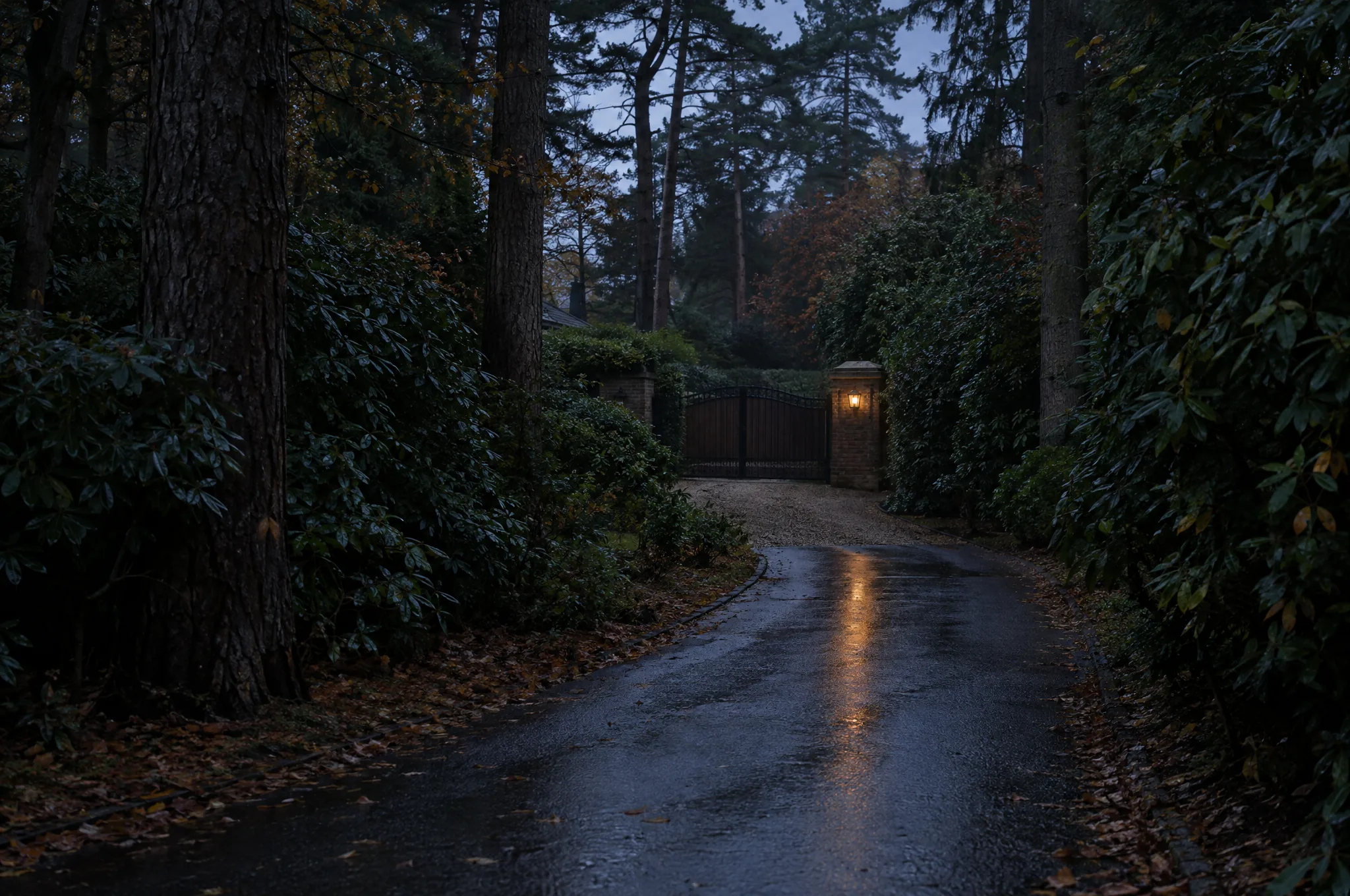 A wooded private lane near Sunningdale on a wet autumn evening, gates closed
