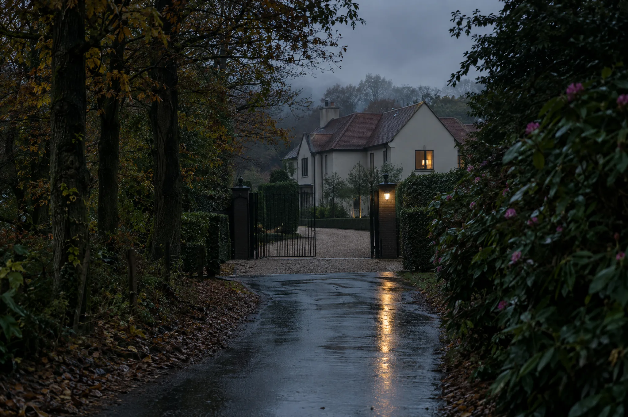 Electric gates and a gravel drive on a private Cobham estate road on a wet evening