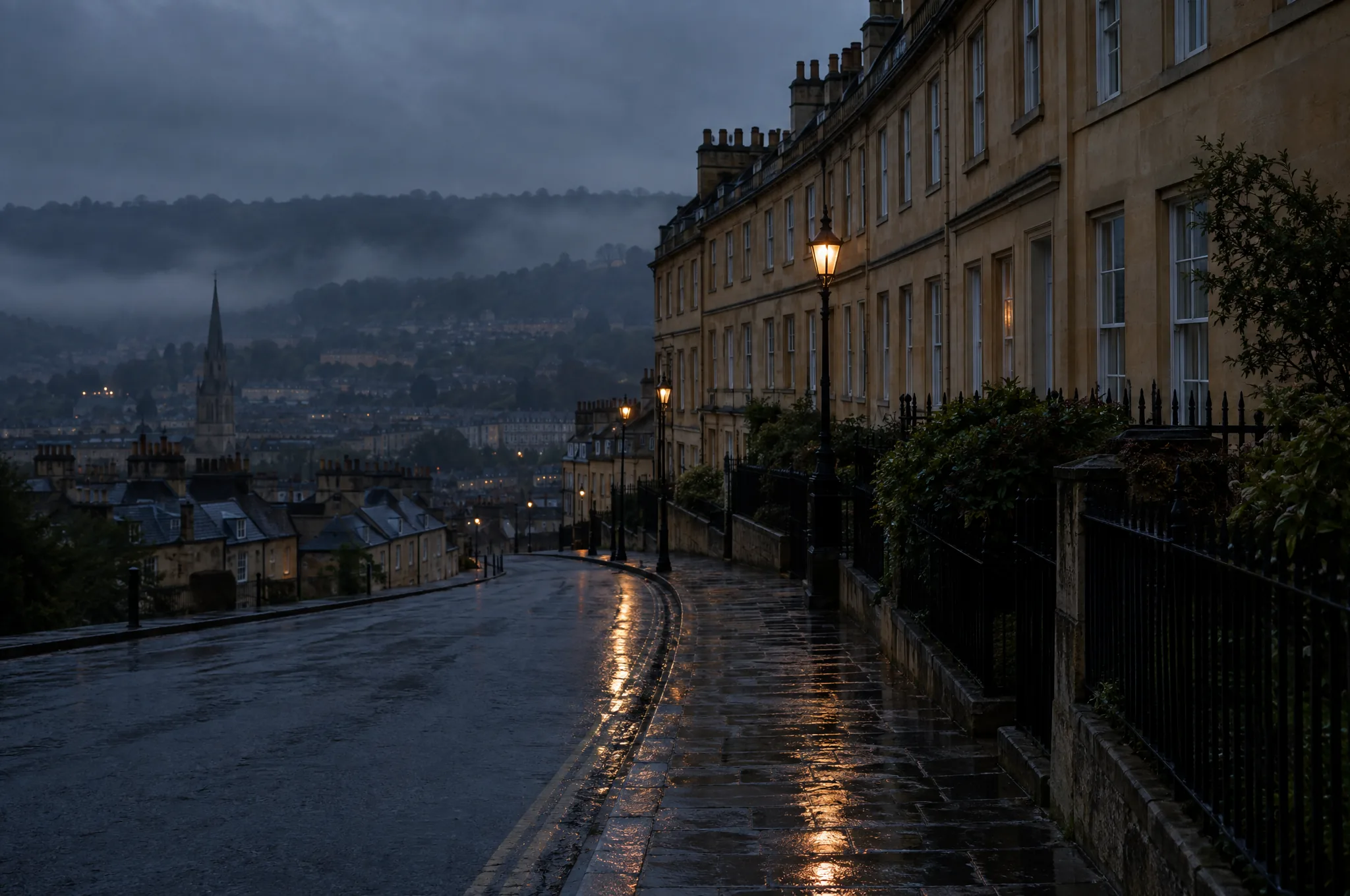 A curved Georgian terrace of Bath stone on Lansdown at dusk with wet pavements