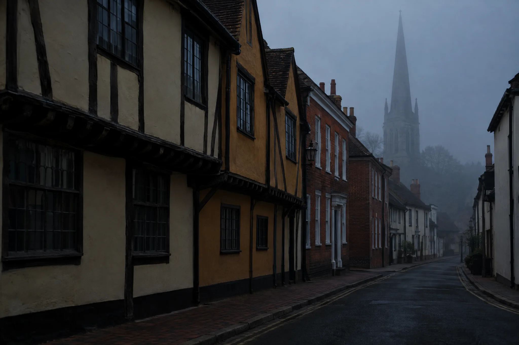 Timber framed and pargeted houses on a Saffron Walden street in early morning mist