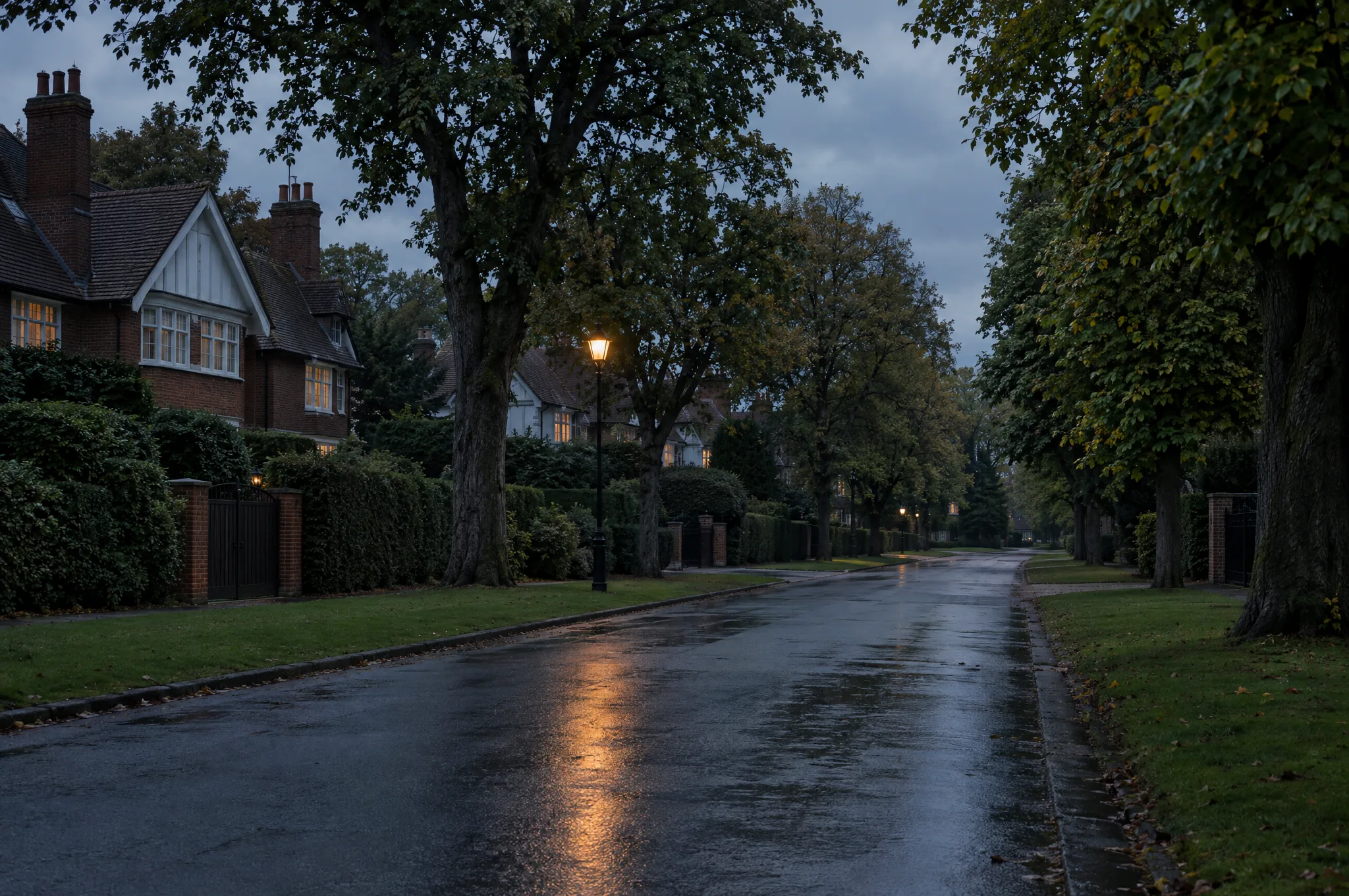 A wide tree lined avenue of large gated houses in Beaconsfield at dusk