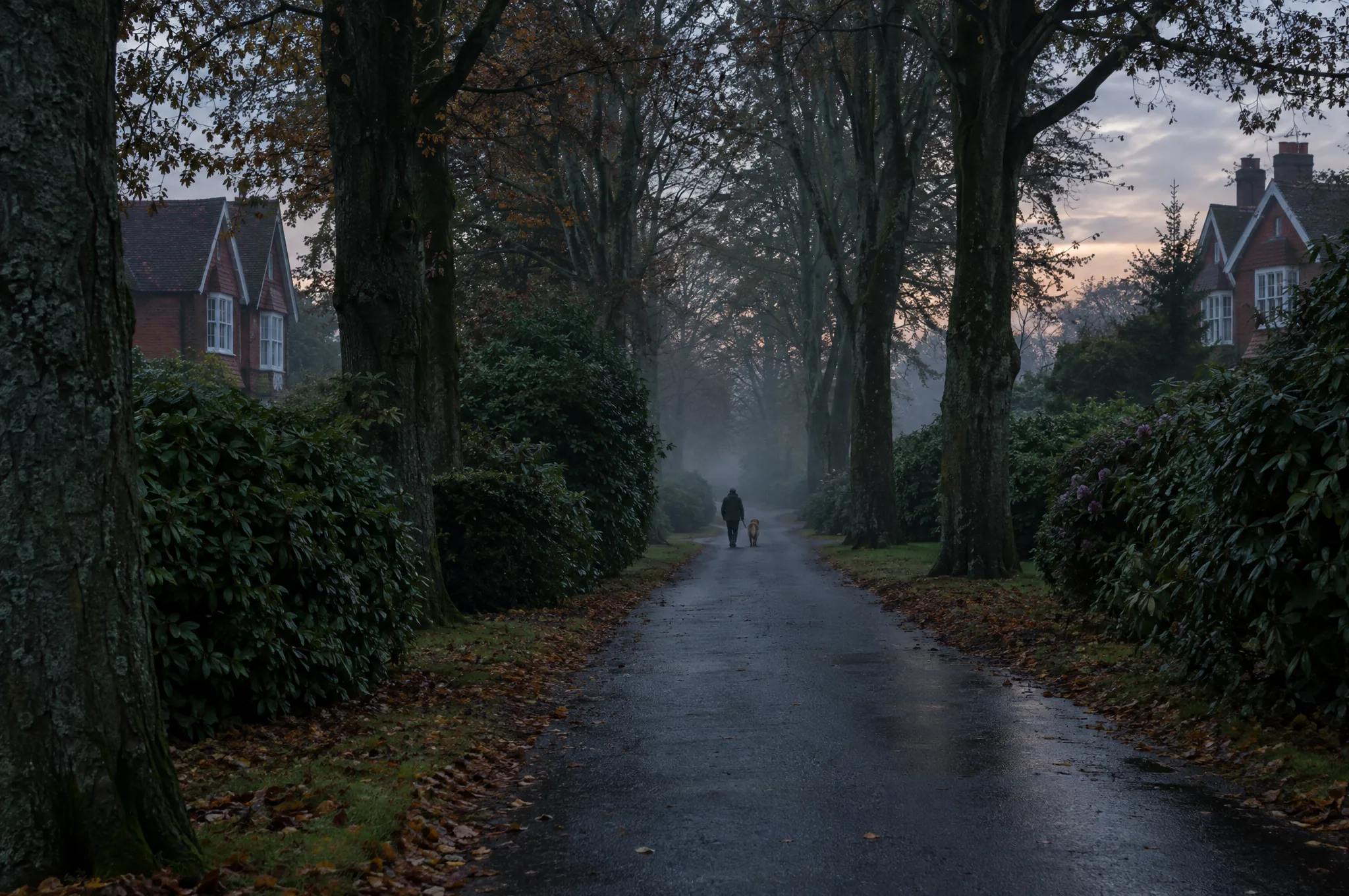 A private avenue in Sevenoaks with tall beeches above laurel hedges at wet dusk