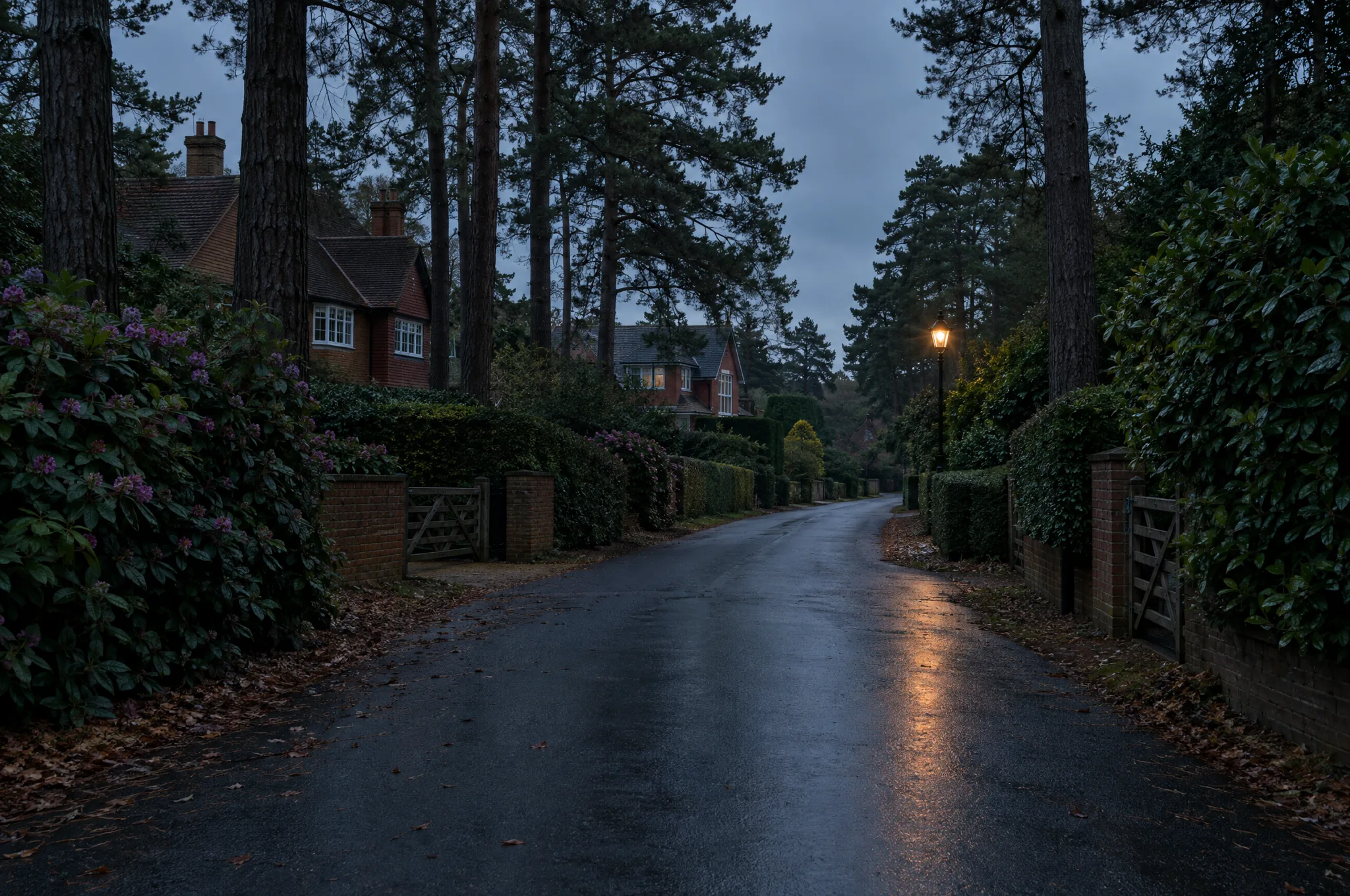 A private road in Esher under mature pines and rhododendron on a wet evening
