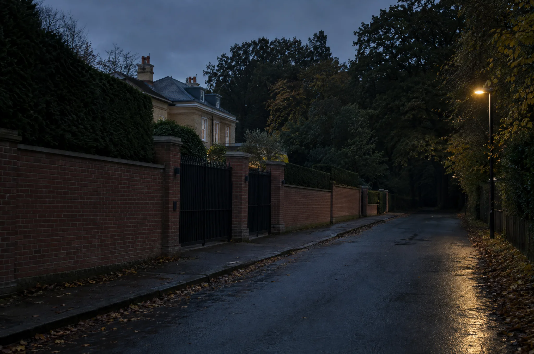 A walled and gated house on an Essex lane at the forest edge after dark