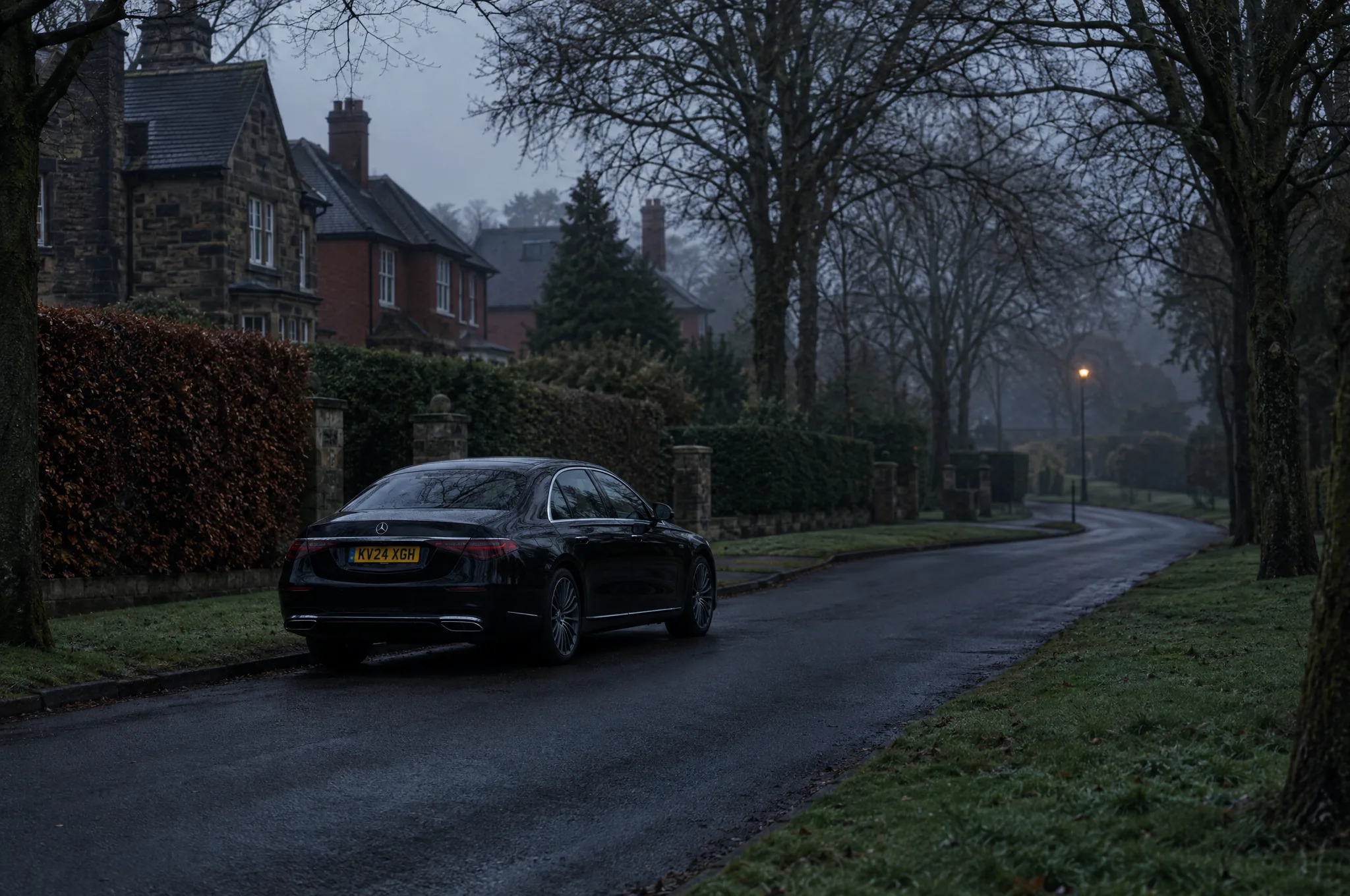 A tree lined road of large stone houses in north Leeds on a misty early morning