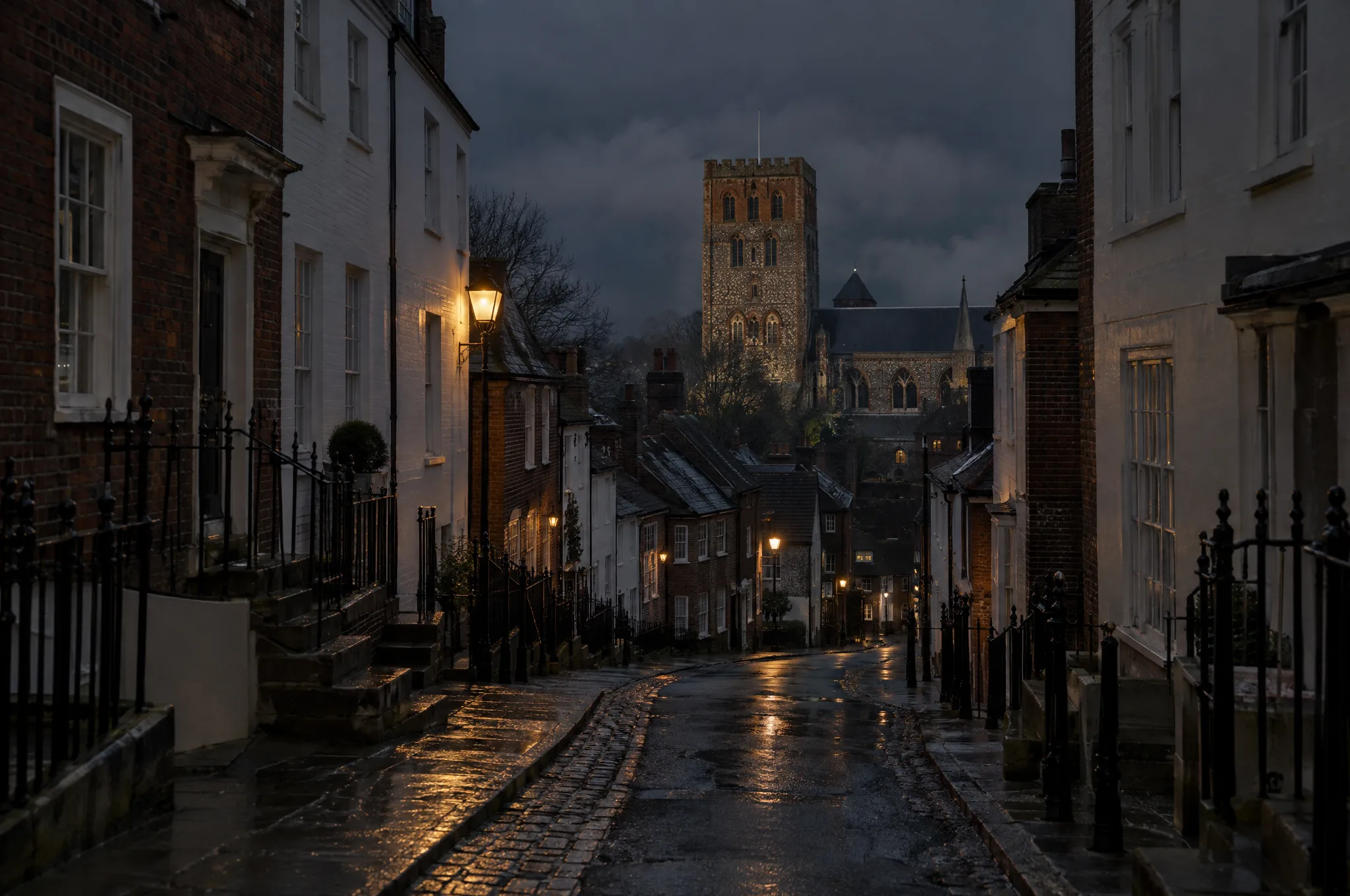 A Georgian street in St Albans dropping towards the Cathedral tower on a wet night