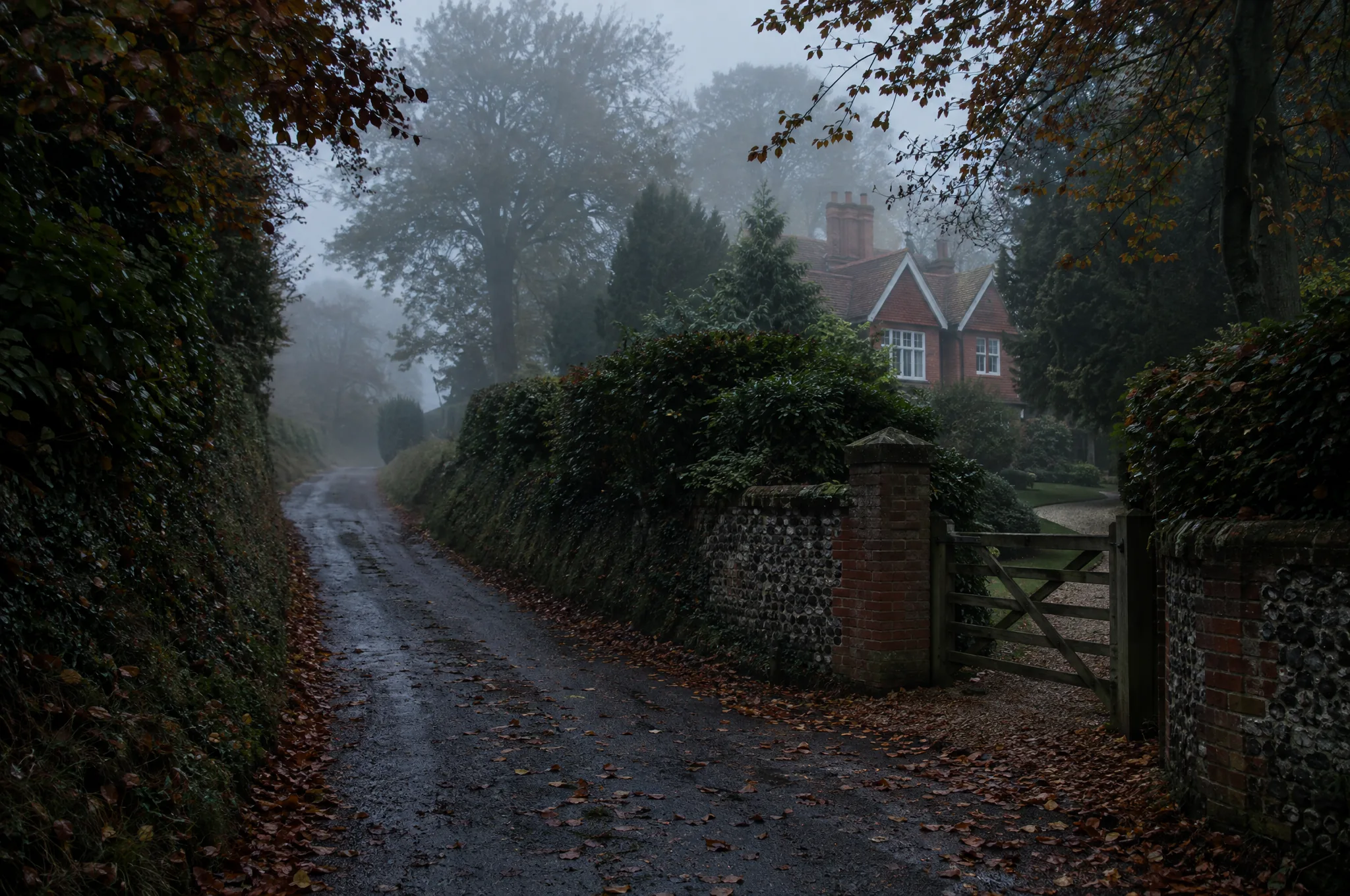 A Chiltern lane above Berkhamsted between beech hedges and flint walls in autumn mist