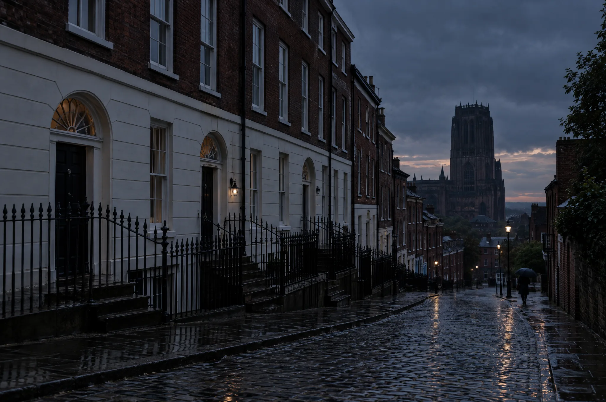 A wet Georgian terrace in Liverpool at dusk with the cathedral tower beyond