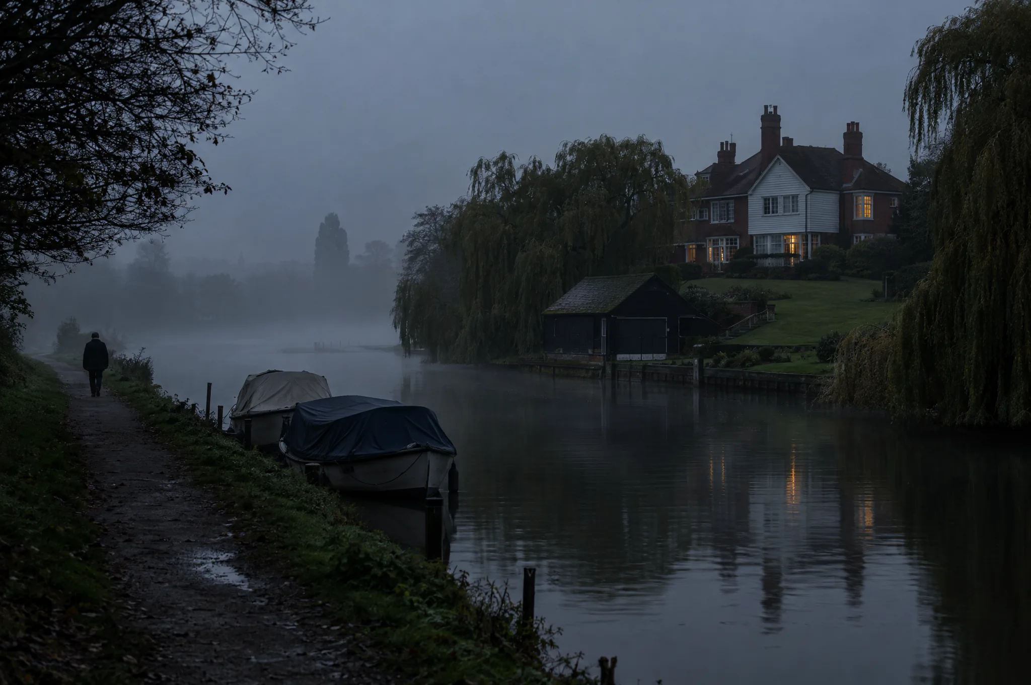 A Thames towpath at Bray in early morning mist, moored boats and a lit riverside house beyond
