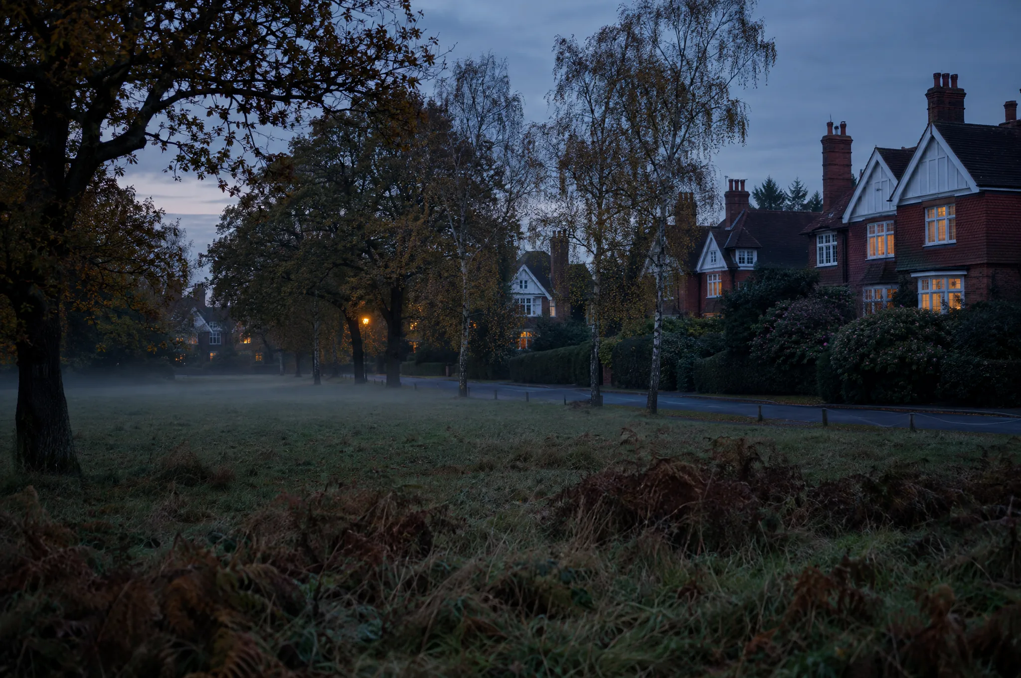 Large detached houses facing an open common in Gerrards Cross at dusk