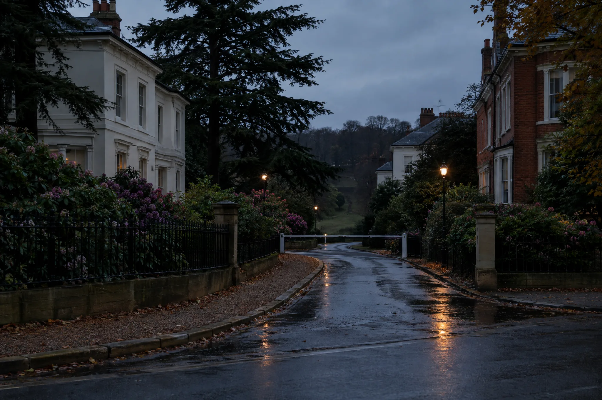 A gated private park road in Tunbridge Wells under wet evening lamplight