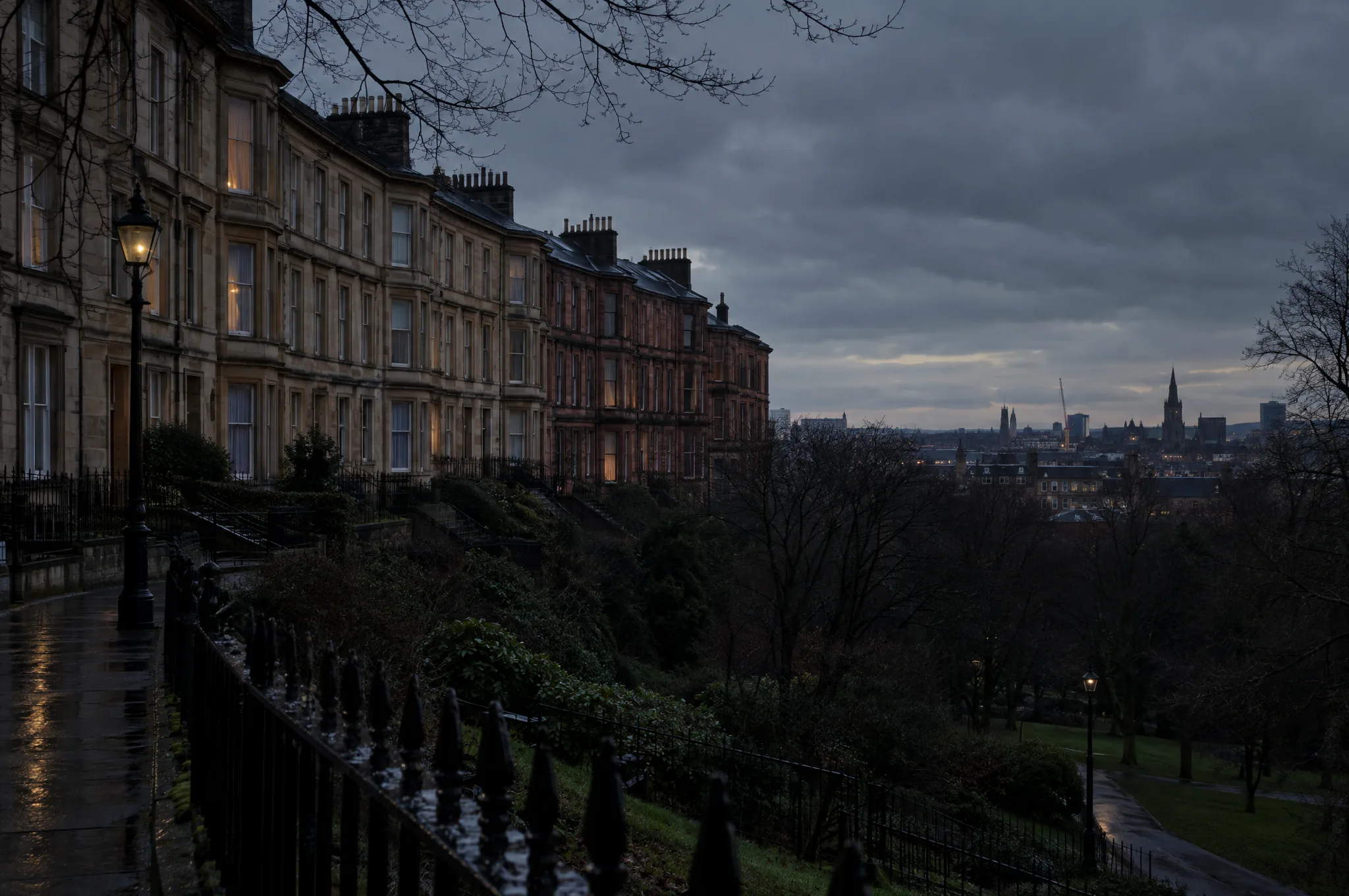 A wet crescent of Victorian sandstone townhouses above a Glasgow park at dusk