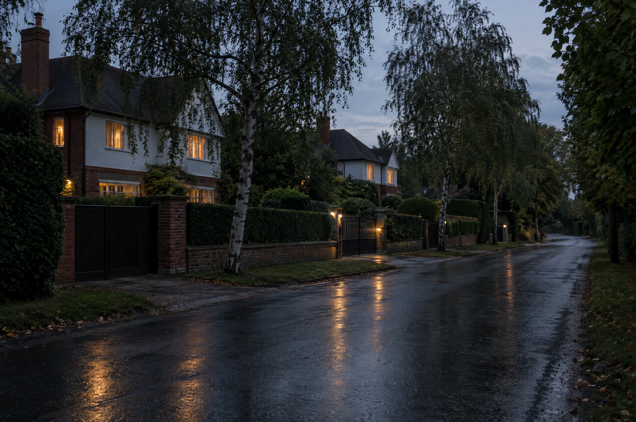 A tree lined private road on Hutton Mount at dusk after rain