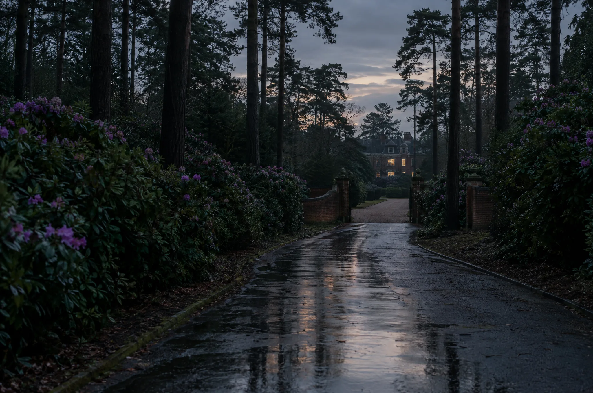 A pine lined private road on the Wentworth Estate at dusk after rain, house lights beyond