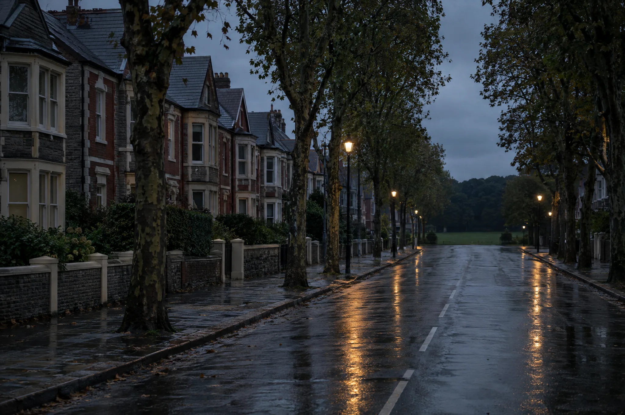 Victorian villas on a tree lined avenue in Pontcanna, Cardiff, on a wet evening