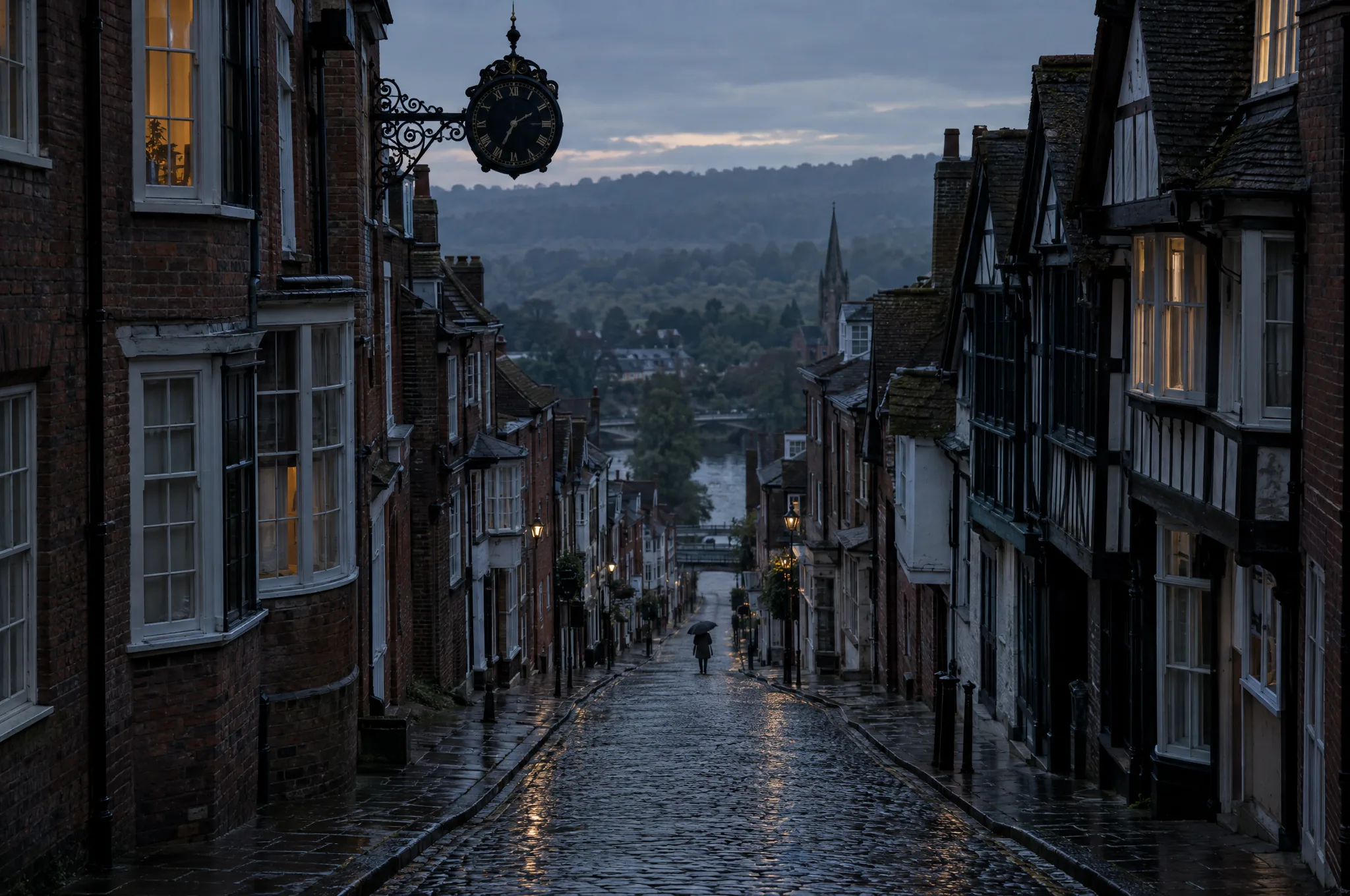 The cobbled High Street of Guildford falling towards the river at dusk in rain