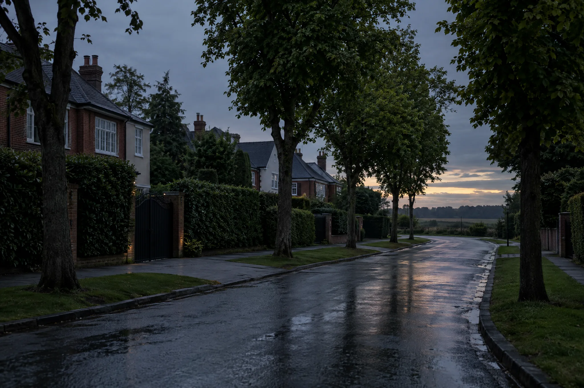 A quiet Hadley Wood crescent of gated houses behind evergreen screening on a wet evening