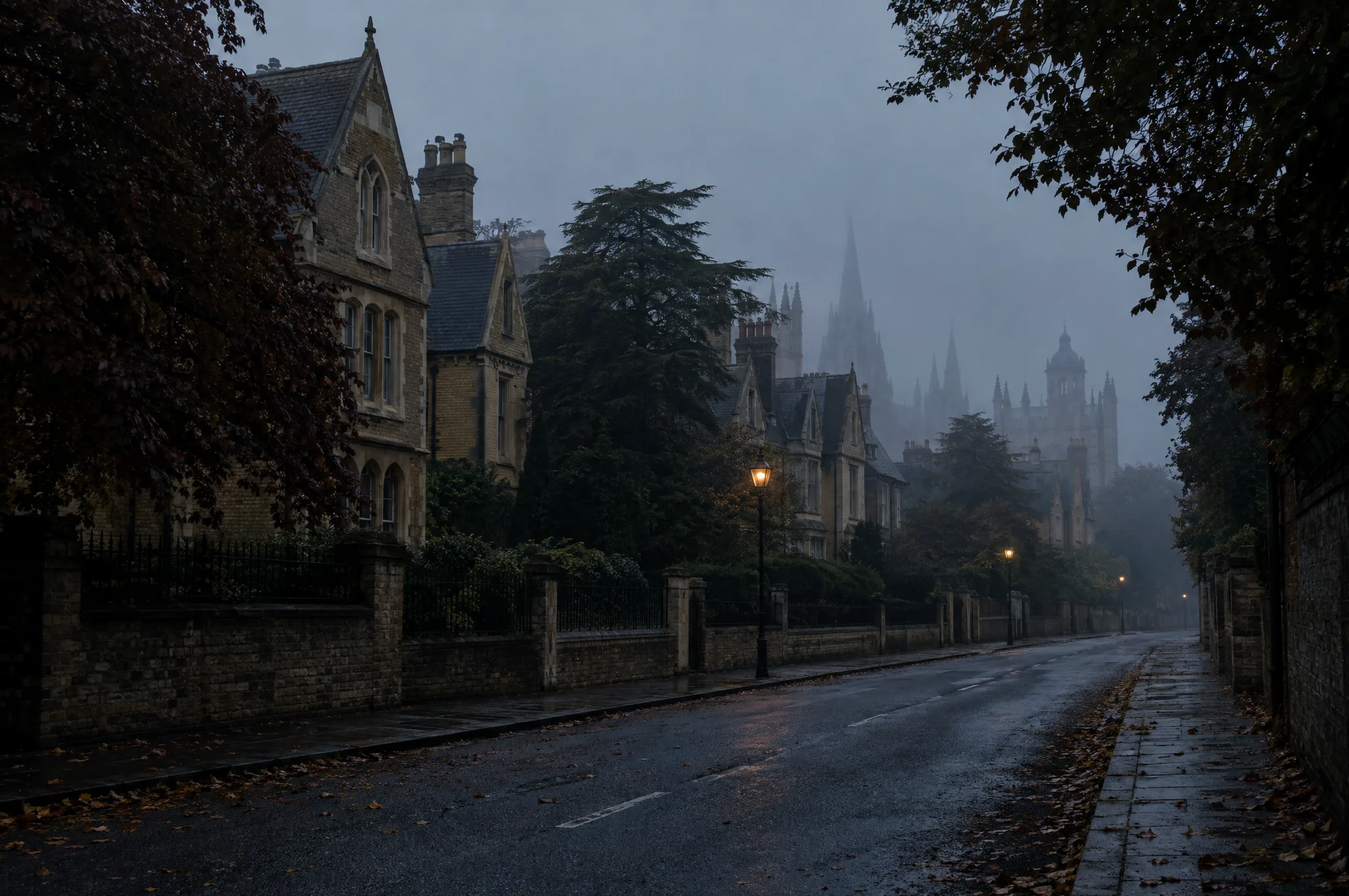 A walled North Oxford road of Victorian villas in early morning mist