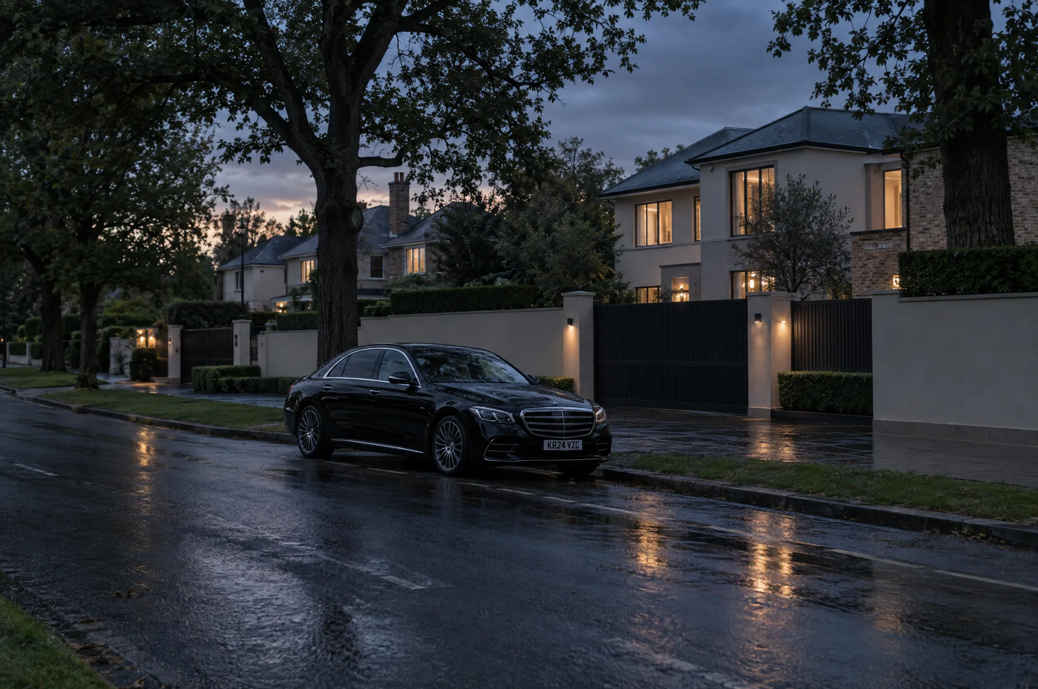 A walled drive and electric gates on a Chigwell private road at dusk