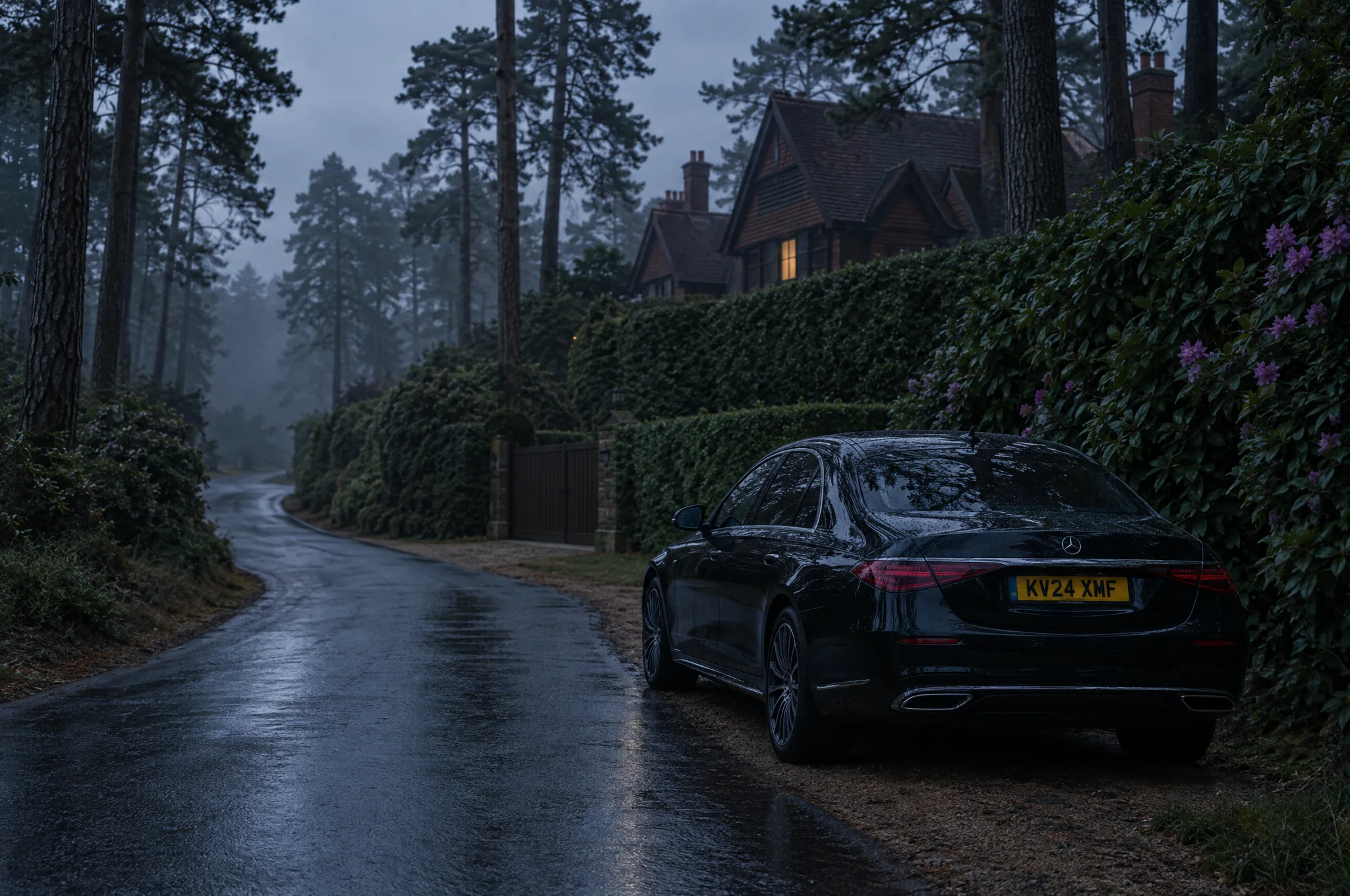 A private estate road through pines and rhododendron on St George's Hill at dusk