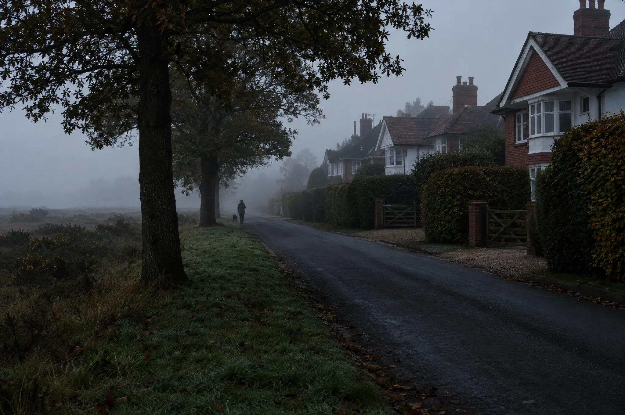 Detached houses behind hedges on the edge of Harpenden Common in early morning mist