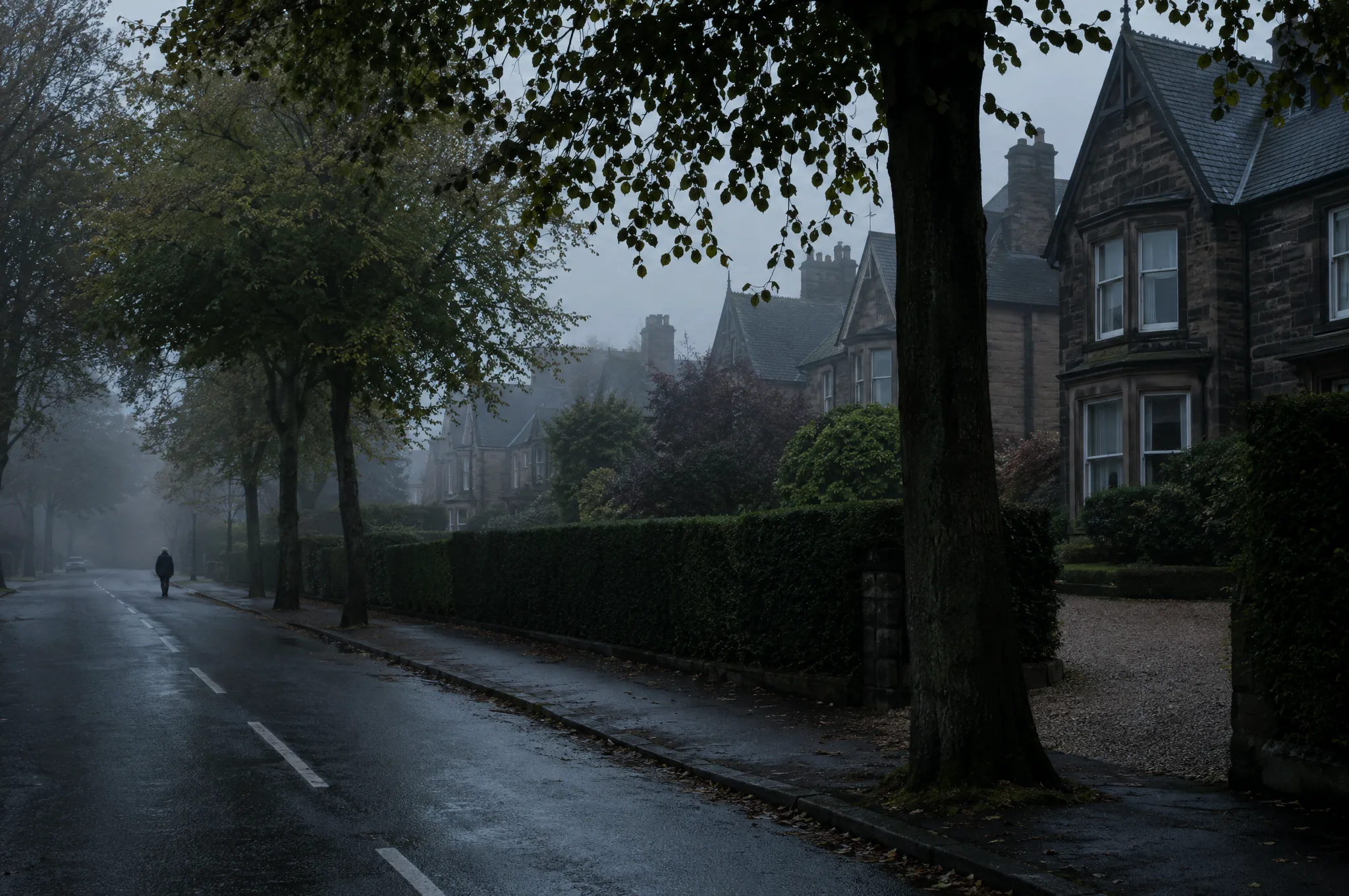 A Victorian villa road on the Duchy estate in Harrogate in early morning mist