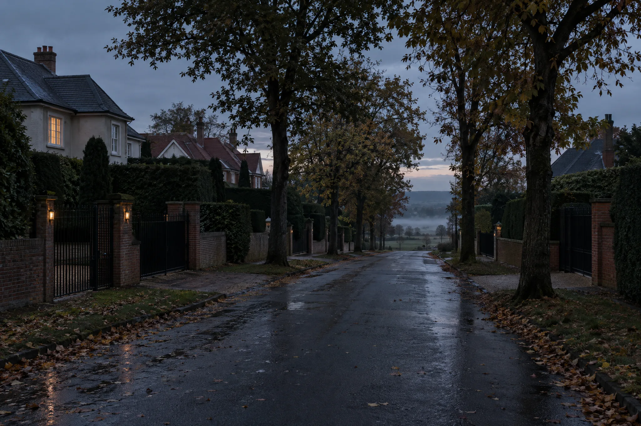 A walled private avenue in Radlett with electric gates and clipped hedges on a wet evening