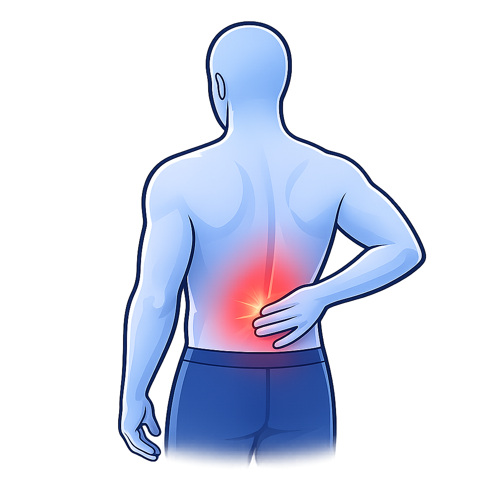 Illustration of back pain, pain site highlighted in red