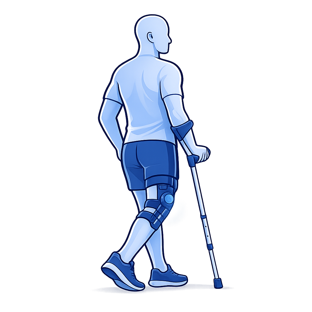 Illustration of post-op recovery with crutch and knee brace